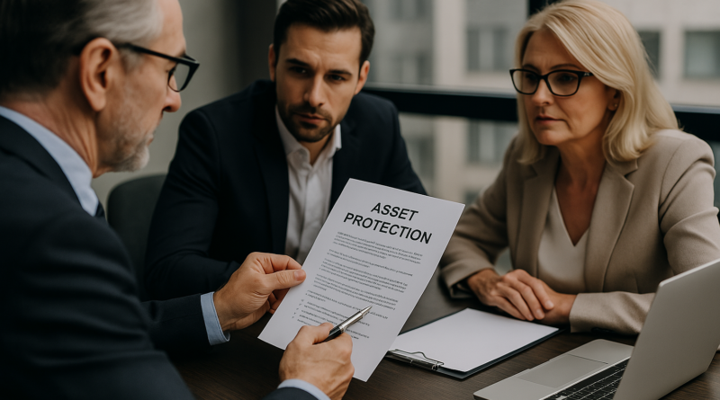 Três profissionais em reunião estratégica discutindo planejamento financeiro e proteção patrimonial.